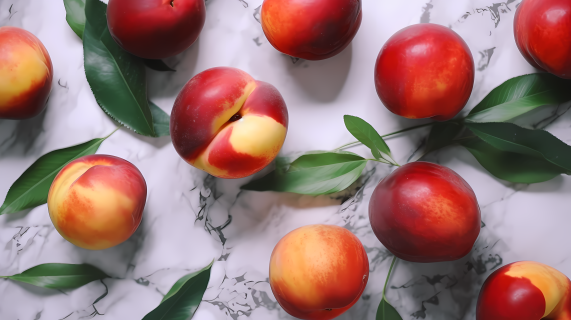 红白相间的桃子和树叶摄影图