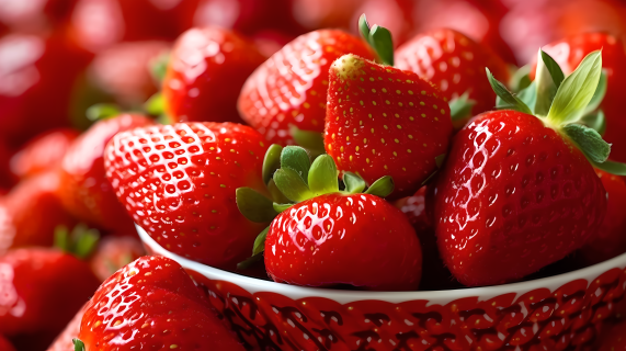 桌上新鲜采摘草莓摄影图