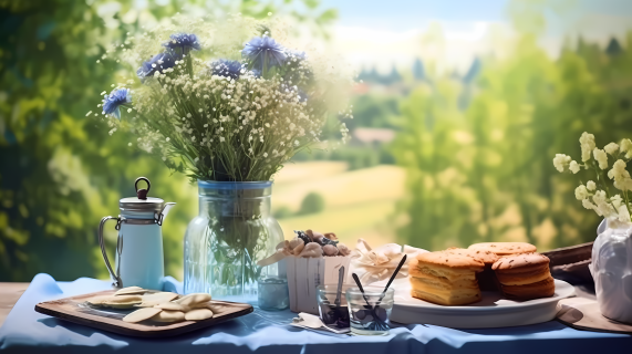 林间氛围的蓝花餐盘摄影图