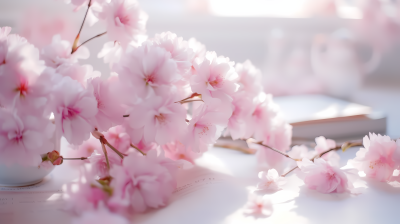 白桌上的粉色花朵摄影图
