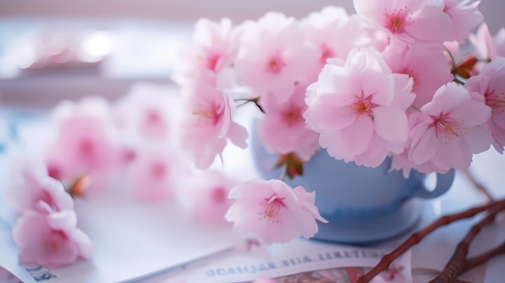 白桌上粉色樱花花束摄影版权图片下载