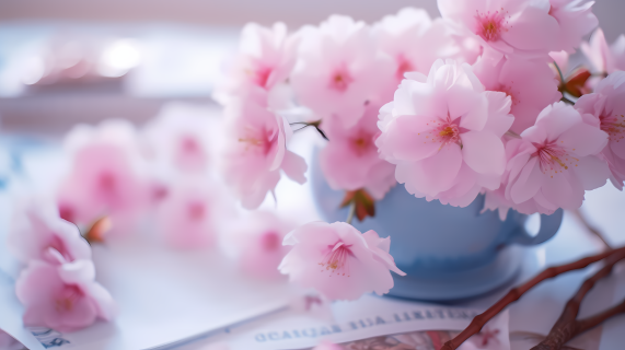 白桌上粉色樱花花束摄影图片