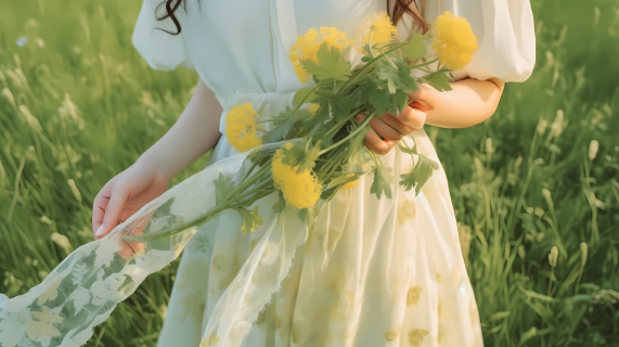 少女手持金黄色花束的草地摄影图