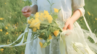 黄花少女草地摄影图