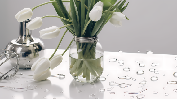 白银色调中的郁金香和花器摄影图