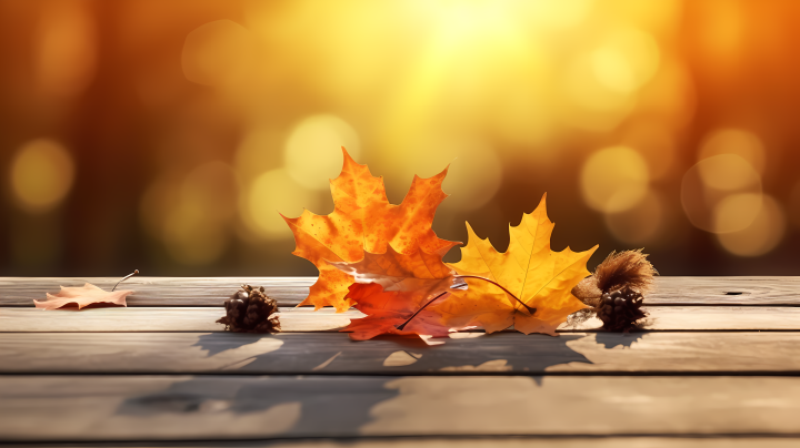 秋日阳光下木桌上叶子摄影图版权图片下载