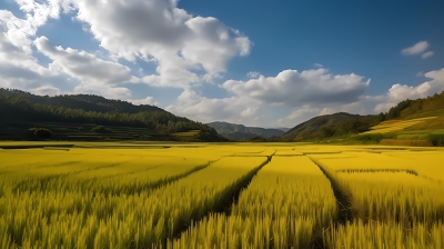 中国黄色稻田蓝天白云摄影图片