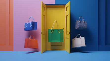 彩色立体风格购物袋飞在敞开的门前摄影图