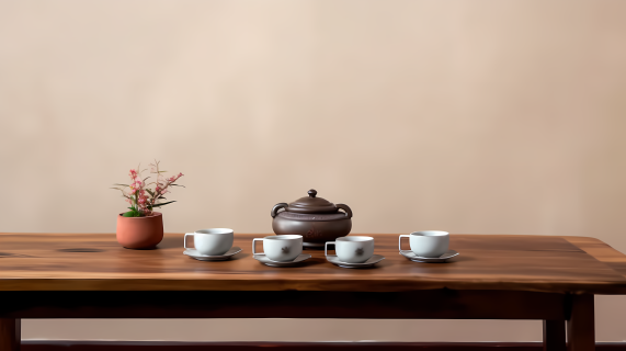 极简禅意木桌茶具摄影图
