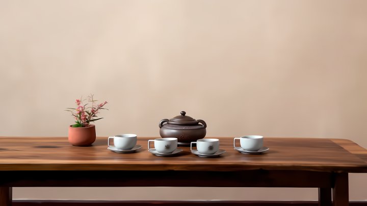 极简禅意木桌茶具摄影图版权图片下载
