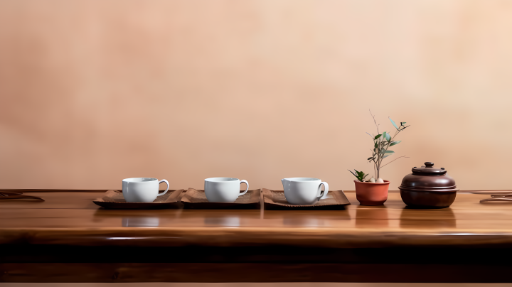 禅意木桌茶具摄影图版权图片下载
