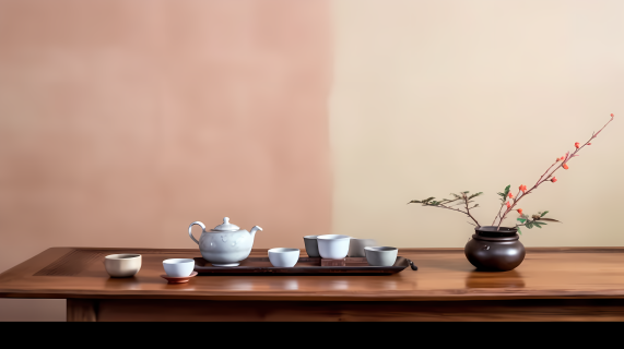 禅意极简木桌茶具摄影图