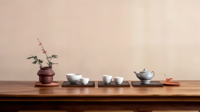 简约风格的茶具摆设木桌摄影图