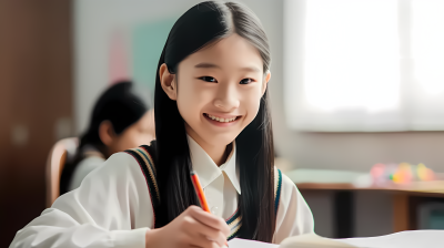笑容满面的亚洲女孩在教室学习摄影图片