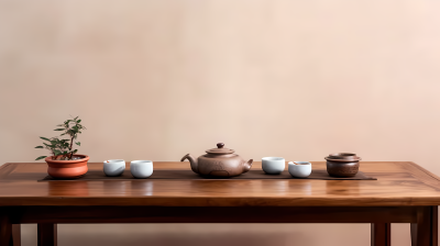 禅意风格木桌茶具摄影图片