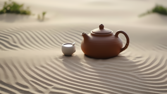 艺术茶壶与沙地摄影图片