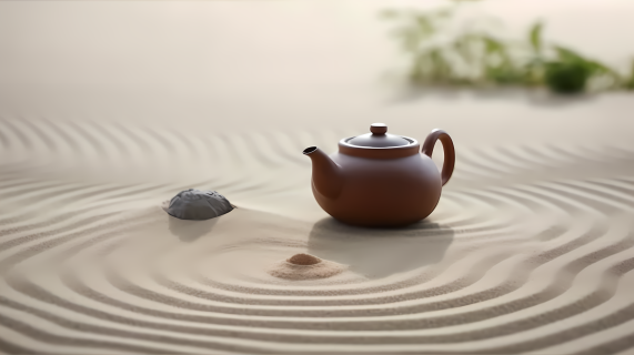 清新素雅的沙盘旁茶壶摄影图片