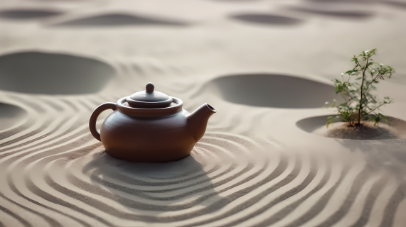 沙地旁的茶壶摄影图