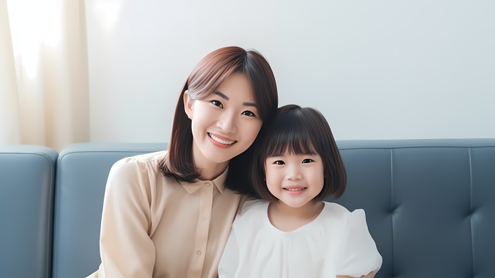 亚洲母女轻松愉快地坐在沙发上微笑着版权图片下载