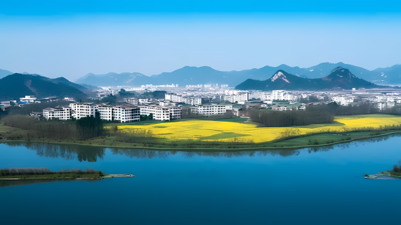 山水建筑之间的天蓝黄色河流摄影图