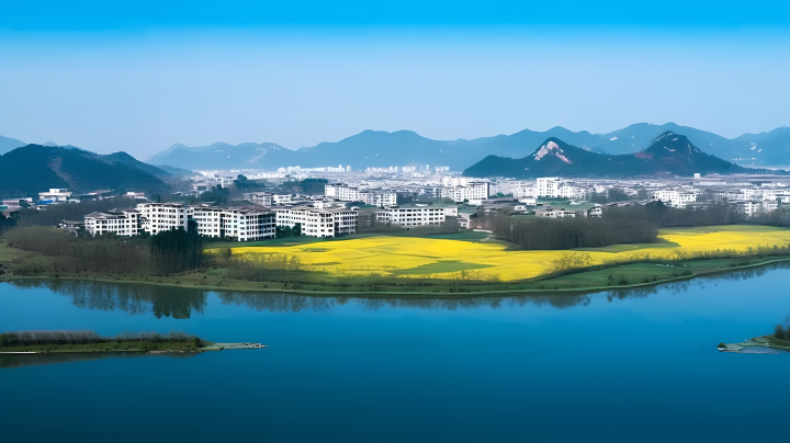 山水建筑之间的天蓝黄色河流摄影图版权图片下载