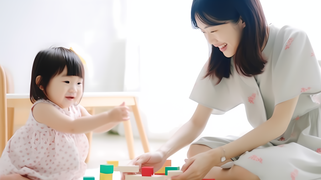 母女益智玩具积木摄影图