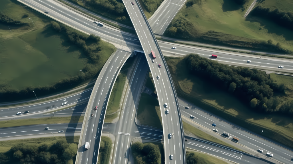 城市交通四车道路口鸟瞰摄影图片