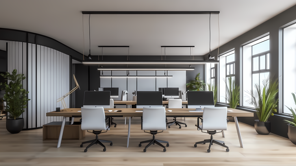 现代办公室电脑桌椅木地板安静氛围摄影图版权图片下载