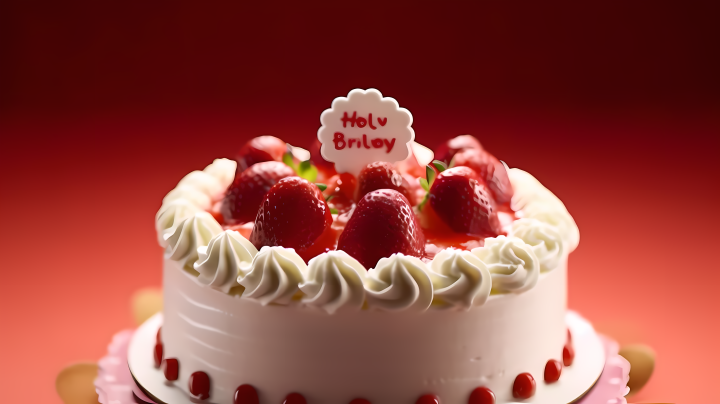 鲜艳红色背景下的草莓蛋糕摄影图版权图片下载