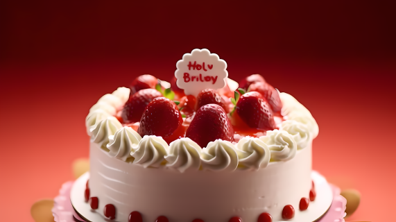 鲜艳红色背景下的草莓蛋糕摄影图