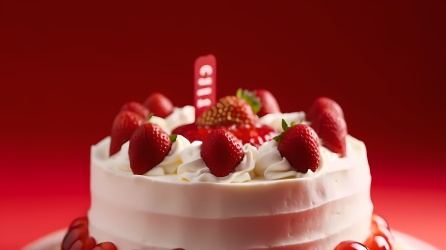 红色背景草莓蛋糕摄影图