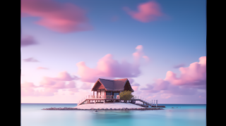 岛上梦幻小屋蓝天粉云摄影图片