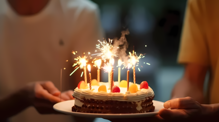 男子手持生日蛋糕点燃蜡烛的摄影图片