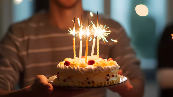 男子手持生日蛋糕彩烛摄影图片