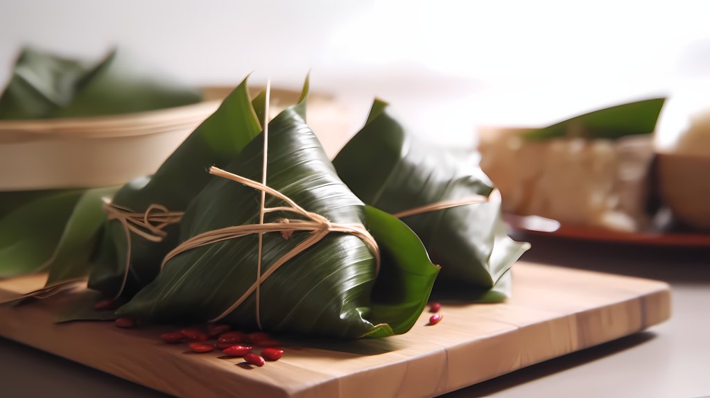 木盘中的绿色粽子摄影图片