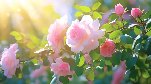 夕阳下粉色玫瑰花自然风景摄影图