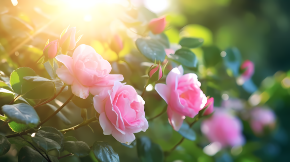 阳光照耀下粉色玫瑰与树叶的美丽摄影图