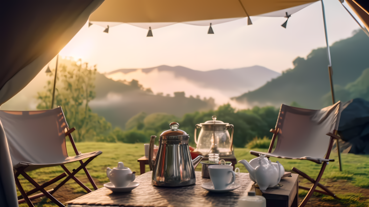 山景野营帐篷椅子桌子咖啡杯茶包摄影图版权图片下载