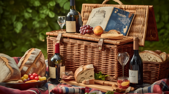 乡村野餐篮面包葡萄酒和瓶装水摄影图