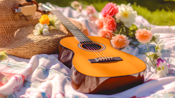 野餐毯上的吉他和花篮摄影图
