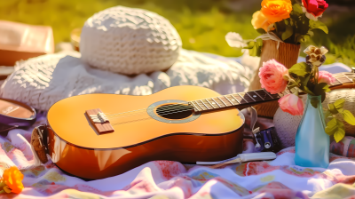 爱与自然野餐毯上的吉他和花篮摄影图