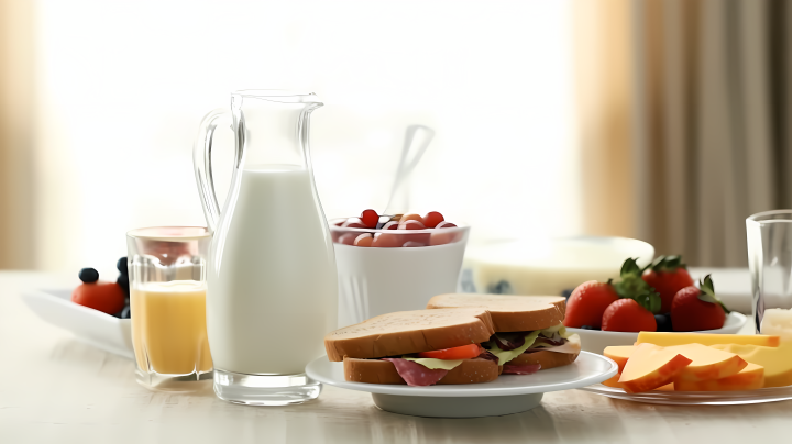 阳光早餐水果面包牛奶摄影图版权图片下载