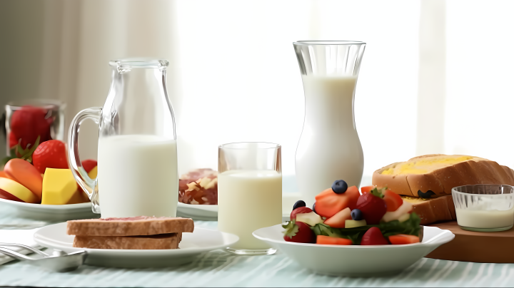 牛奶面包水果营养早餐摄影图版权图片下载
