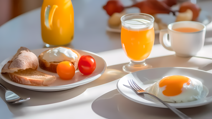 早餐盘中的美味鸡蛋多士水果饮料摄影版权图片下载