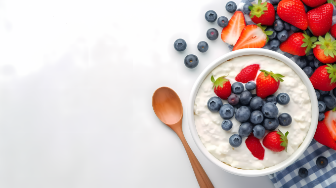 青白相间的酸奶水果早餐摄影图