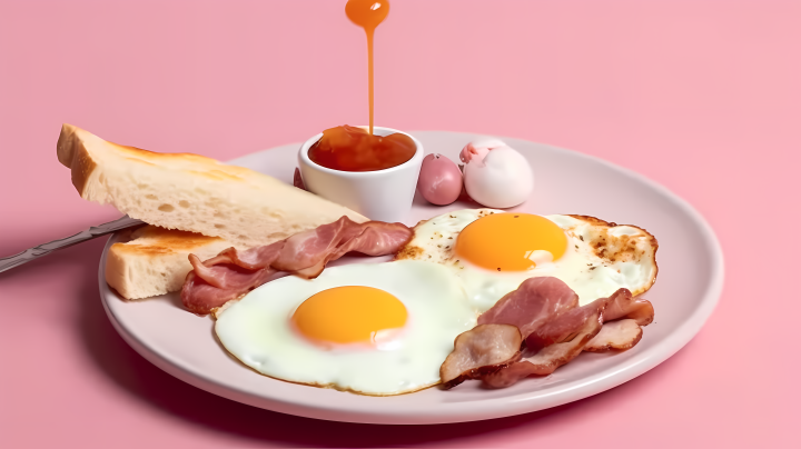 香喷喷的早餐香煎蛋和肉类高清图版权图片下载