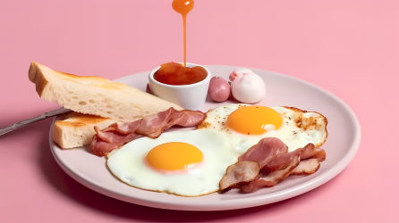 香喷喷的早餐香煎蛋和肉类高清图