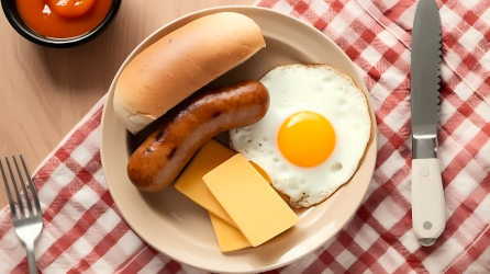 美食摄影香肠煎蛋配芝士和番茄酱的早餐图片