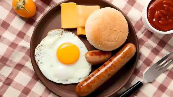 汉堡香肠煎蛋美味早餐摄影图