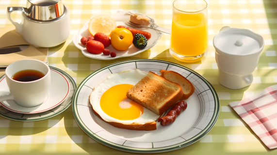 色香味聚全的营养早餐摄影图